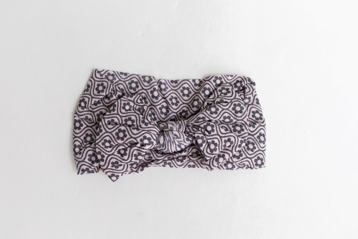 Black Retro Flowers Baby Nylon Headband