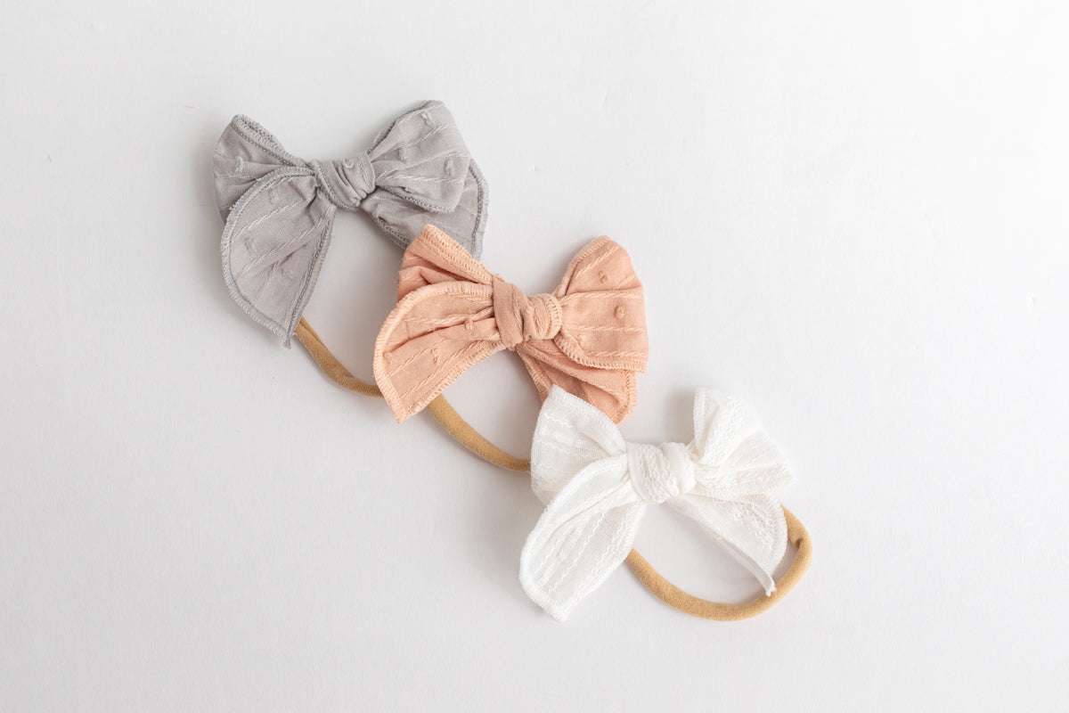 Set of 3 Neutral Gauze Linen Baby Bow Headbands