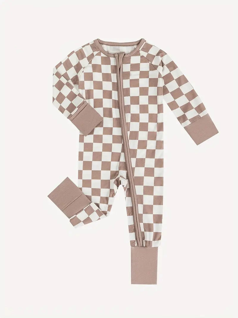 Checkerboard Zippered Footie | Taupe Gray