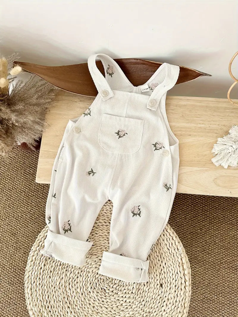 Floral Embroidered Overall Pants | Milky White