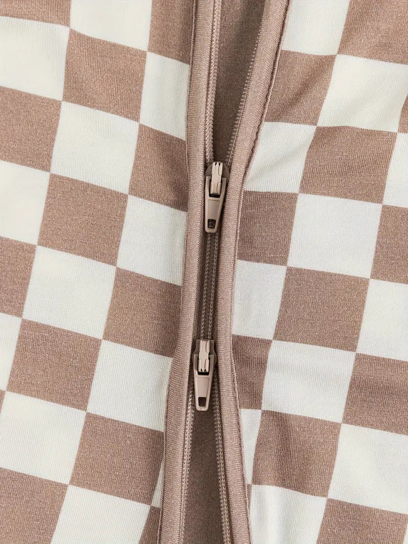 Checkerboard Zippered Footie | Taupe Gray