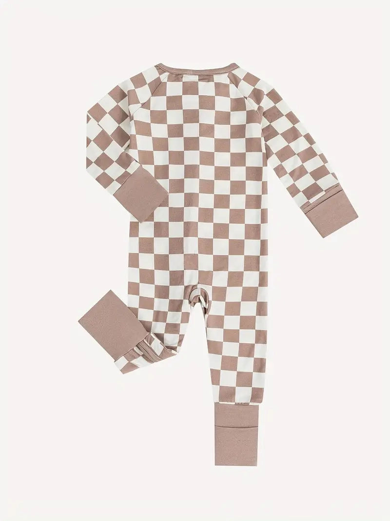 Checkerboard Zippered Footie | Taupe Gray