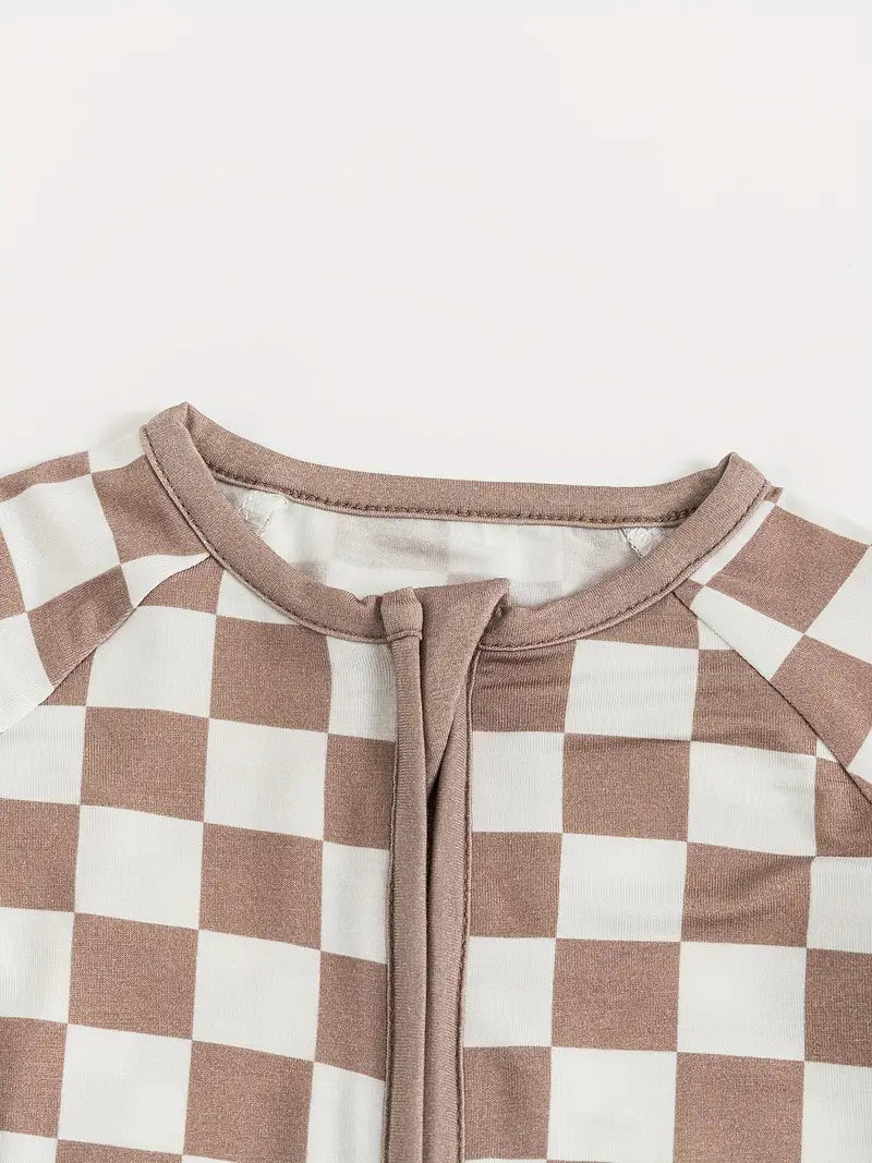 Checkerboard Zippered Footie | Taupe Gray