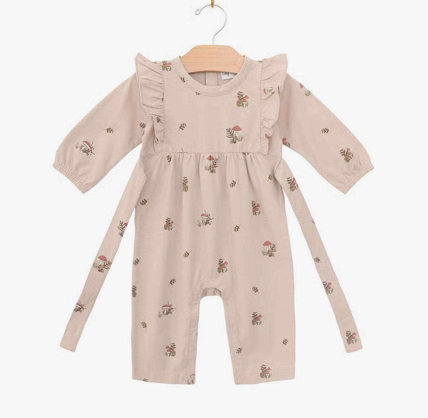 Flutter Sleeve Long Leg Romper- Blush Mushrooms
