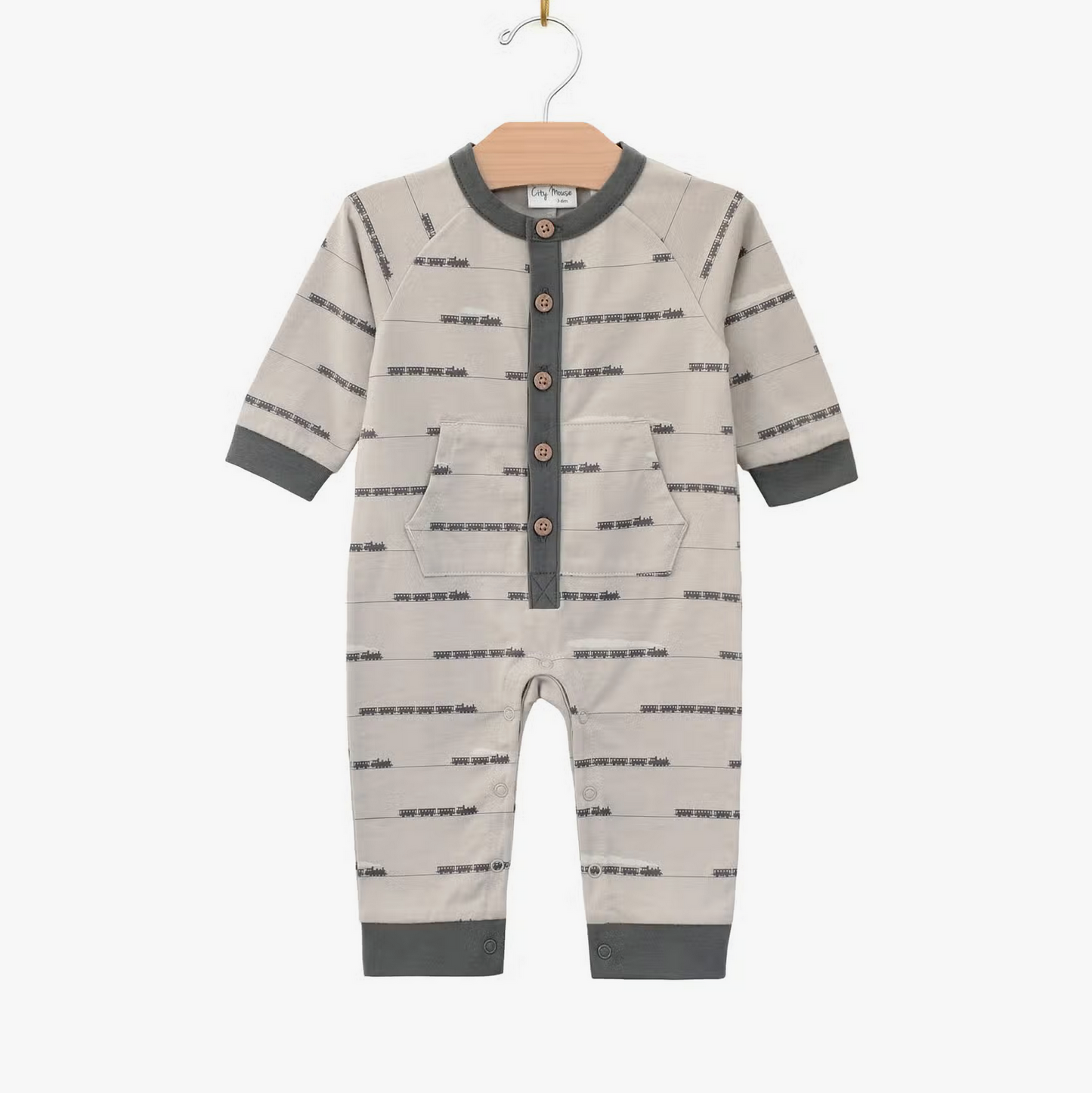 Raglan Long Leg Romper- Porpoise Trains