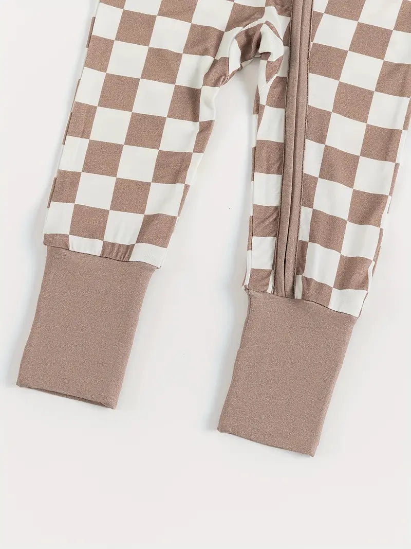 Checkerboard Zippered Footie | Taupe Gray