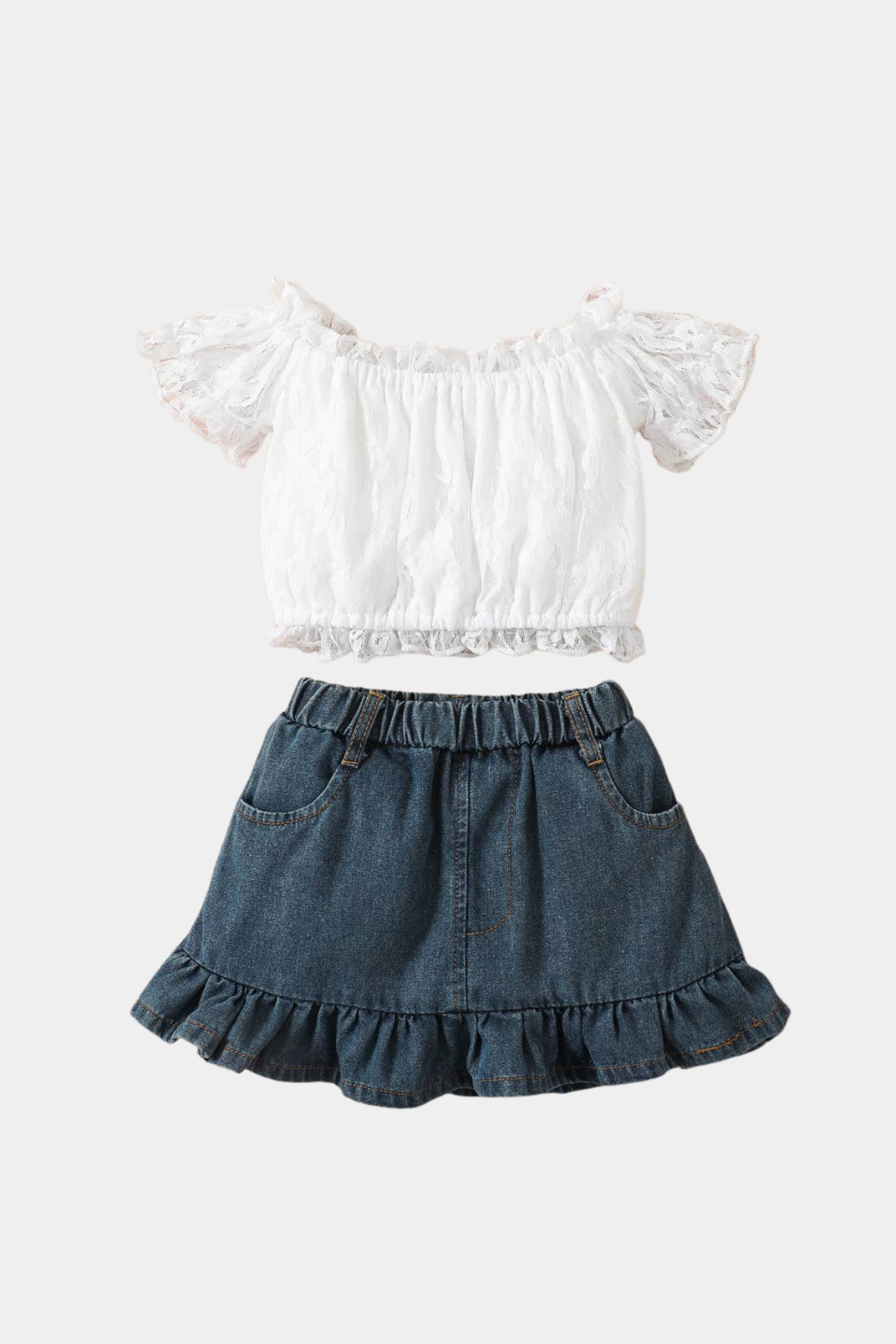 Denim Skirt & White Lace Off Shoulder Top 2-Piece Set