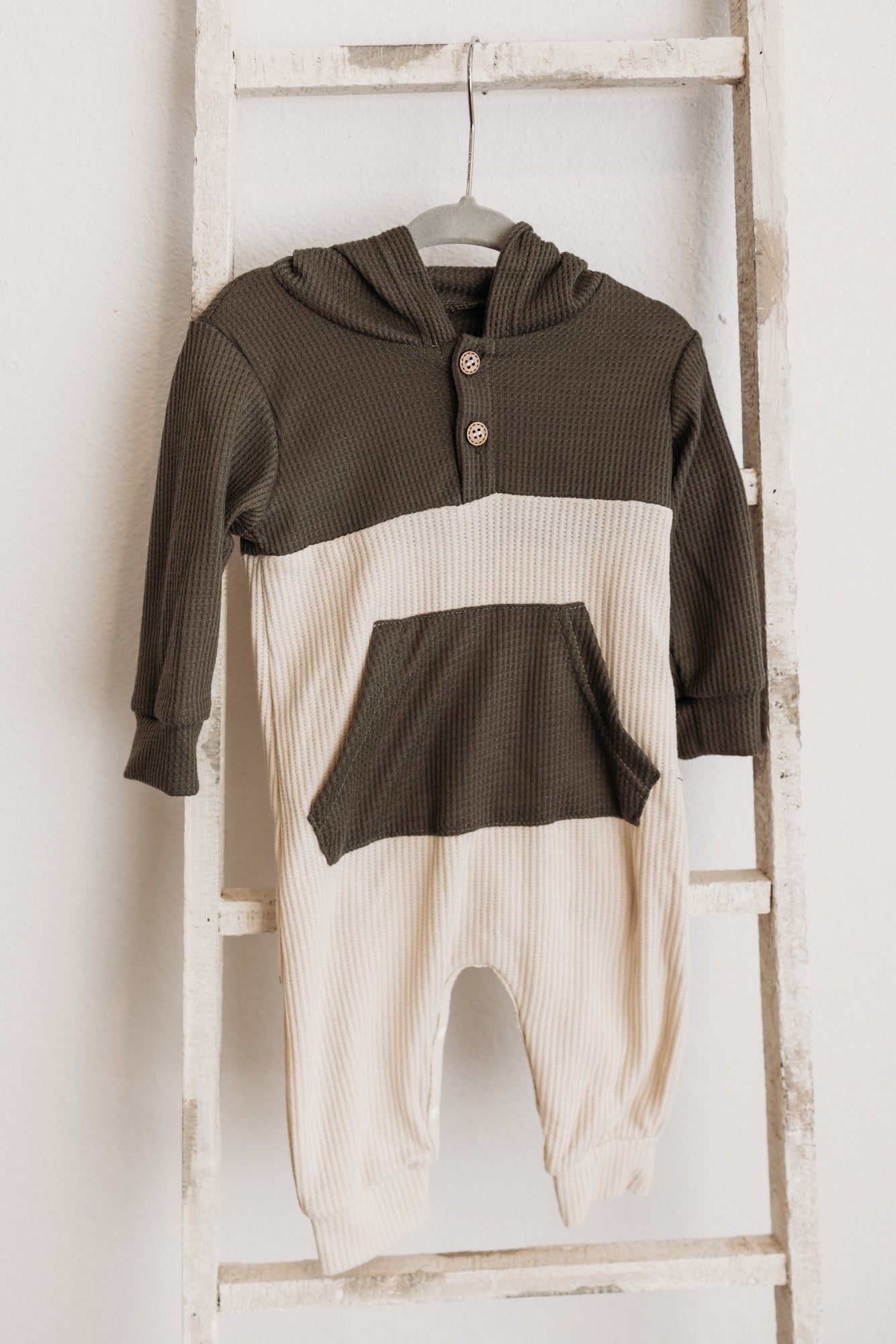 Long Sleeve Waffle Knit Jumpsuit Beige Olive