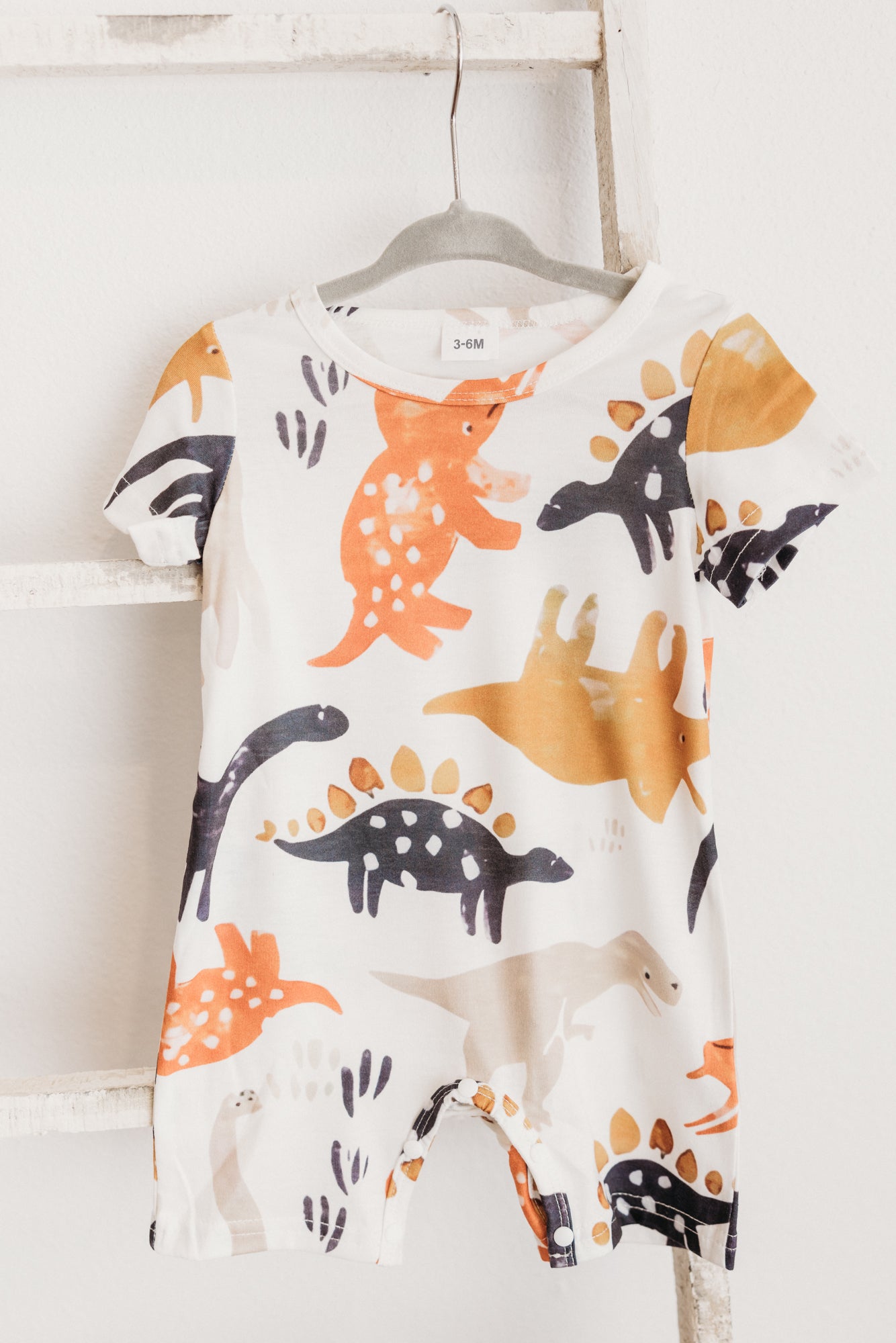 Short-Sleeve Dinosaur Print Romper White Multi