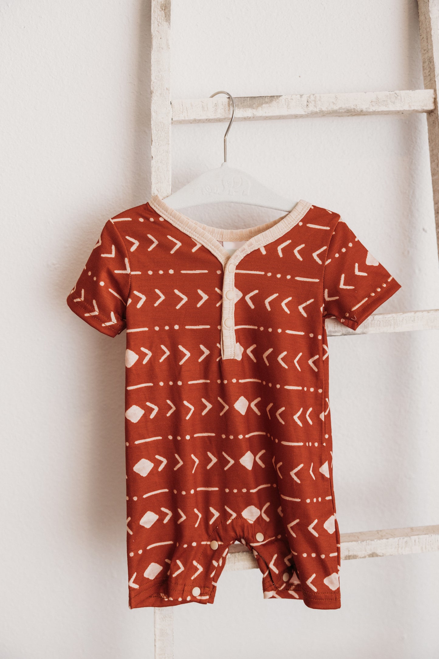 Patterened Short Sleeve Snap Romper Rust