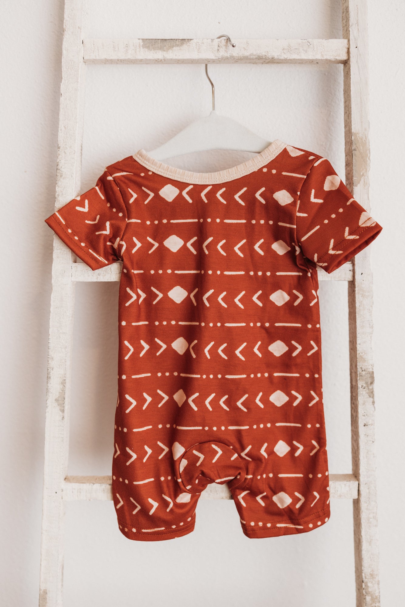 Patterened Short Sleeve Snap Romper Rust