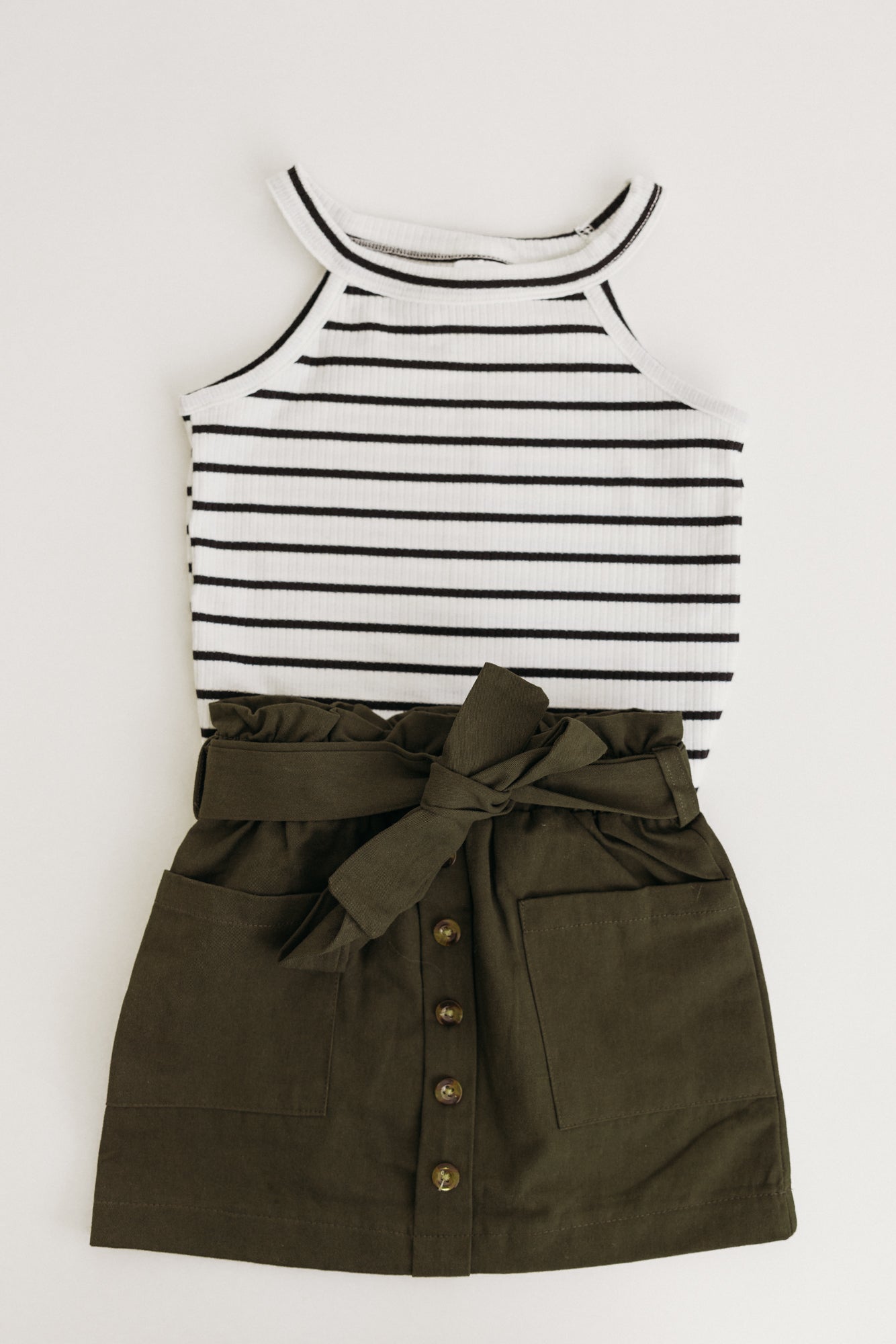 Stripe Top and Pocket Skirt Set Army Green