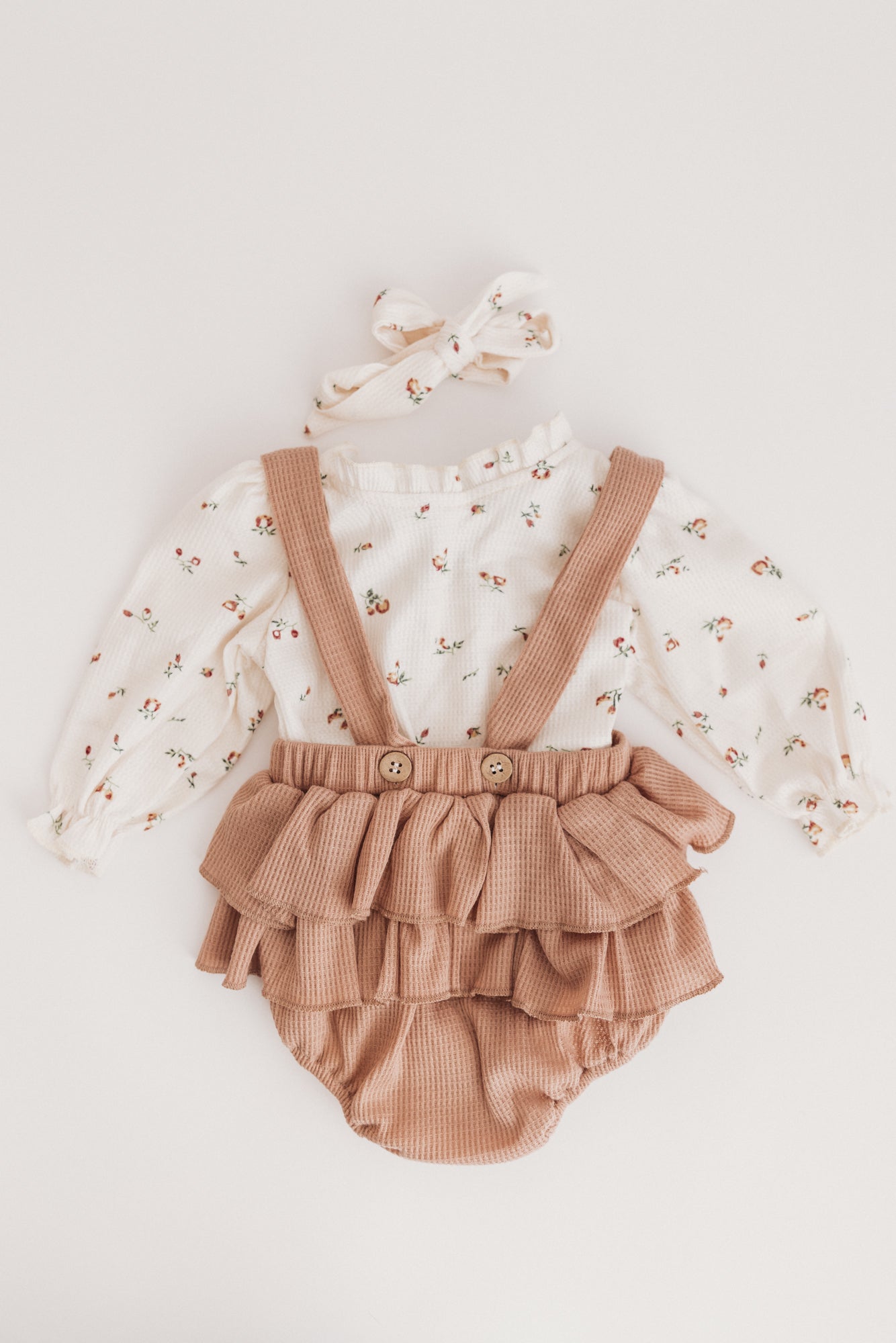 Floral Print Ruffle Long Sleeve and Suspender Skirt + Bow Set 3 Piece Set Beige