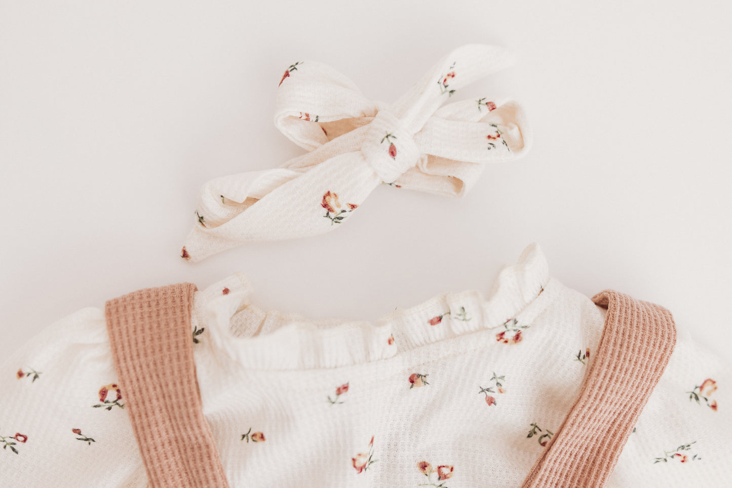 Floral Print Ruffle Long Sleeve and Suspender Skirt + Bow Set 3 Piece Set Beige
