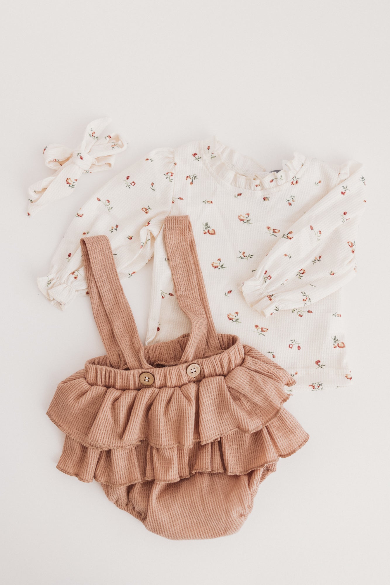 Floral Print Ruffle Long Sleeve and Suspender Skirt + Bow Set 3 Piece Set Beige
