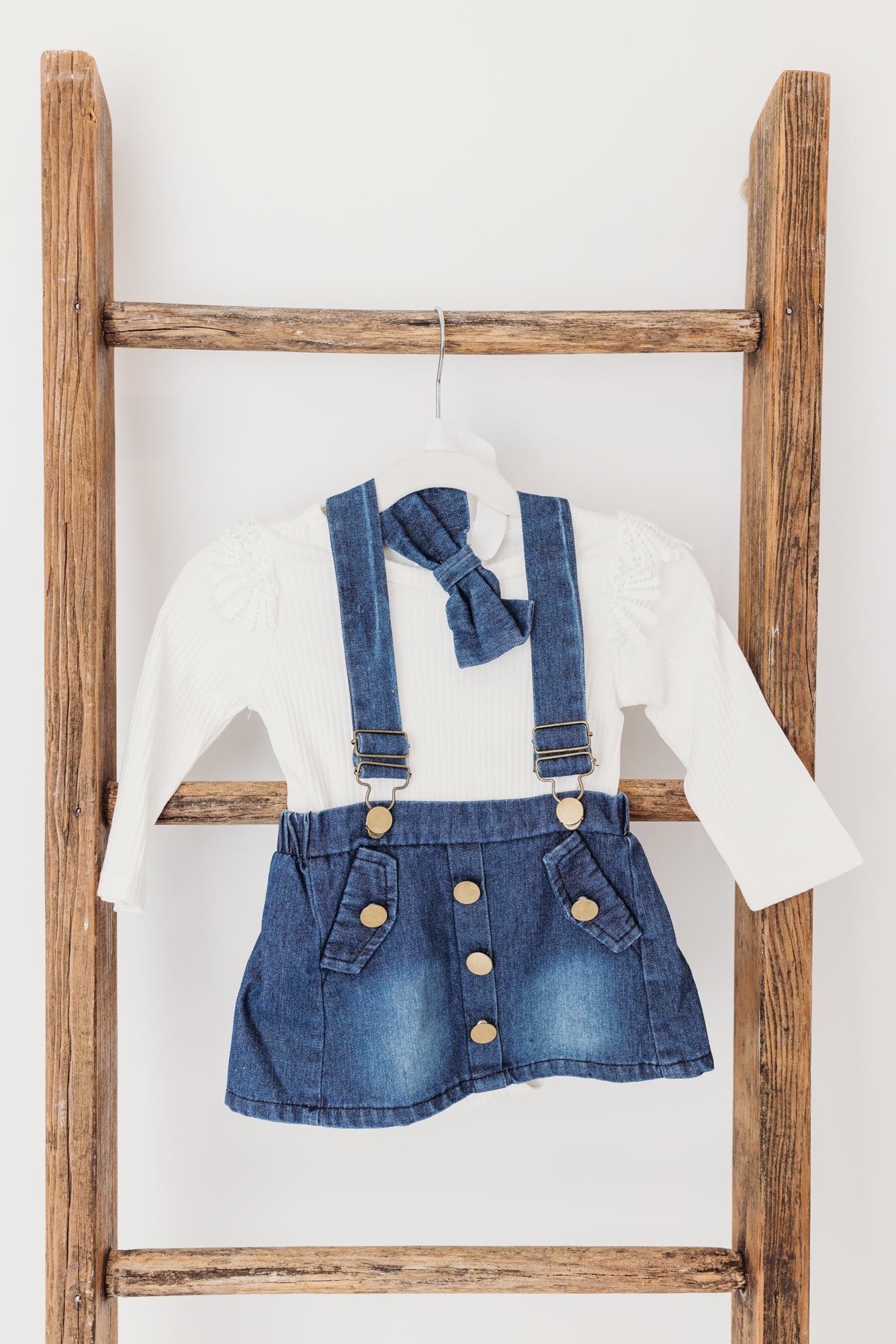 Suspender Skirt & Ruffle Long Sleeve Top with Bow | Denim/White