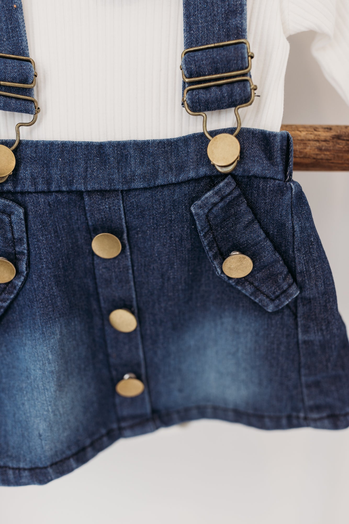 Suspender Skirt & Ruffle Long Sleeve Top with Bow | Denim/White