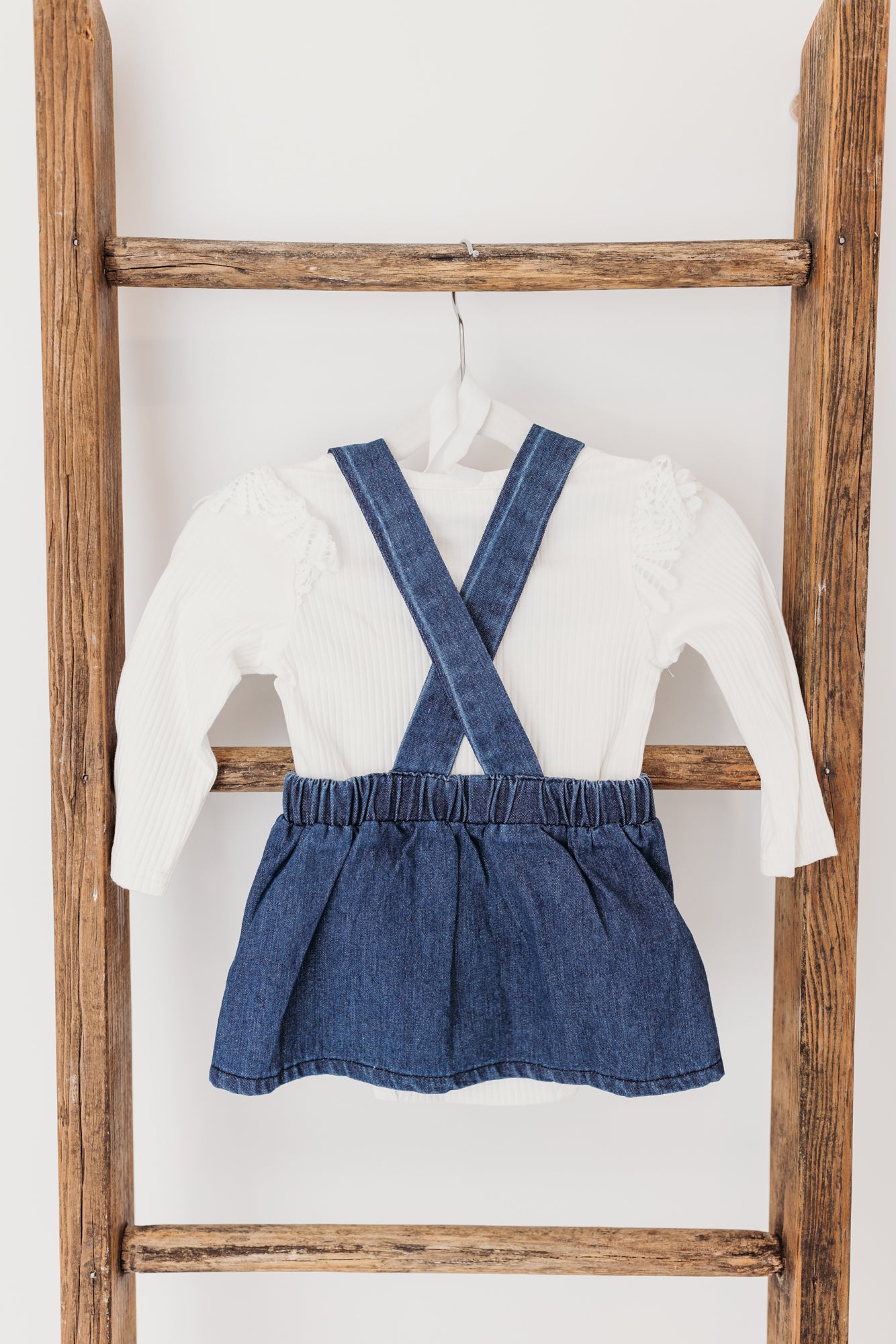 Suspender Skirt & Ruffle Long Sleeve Top with Bow | Denim/White