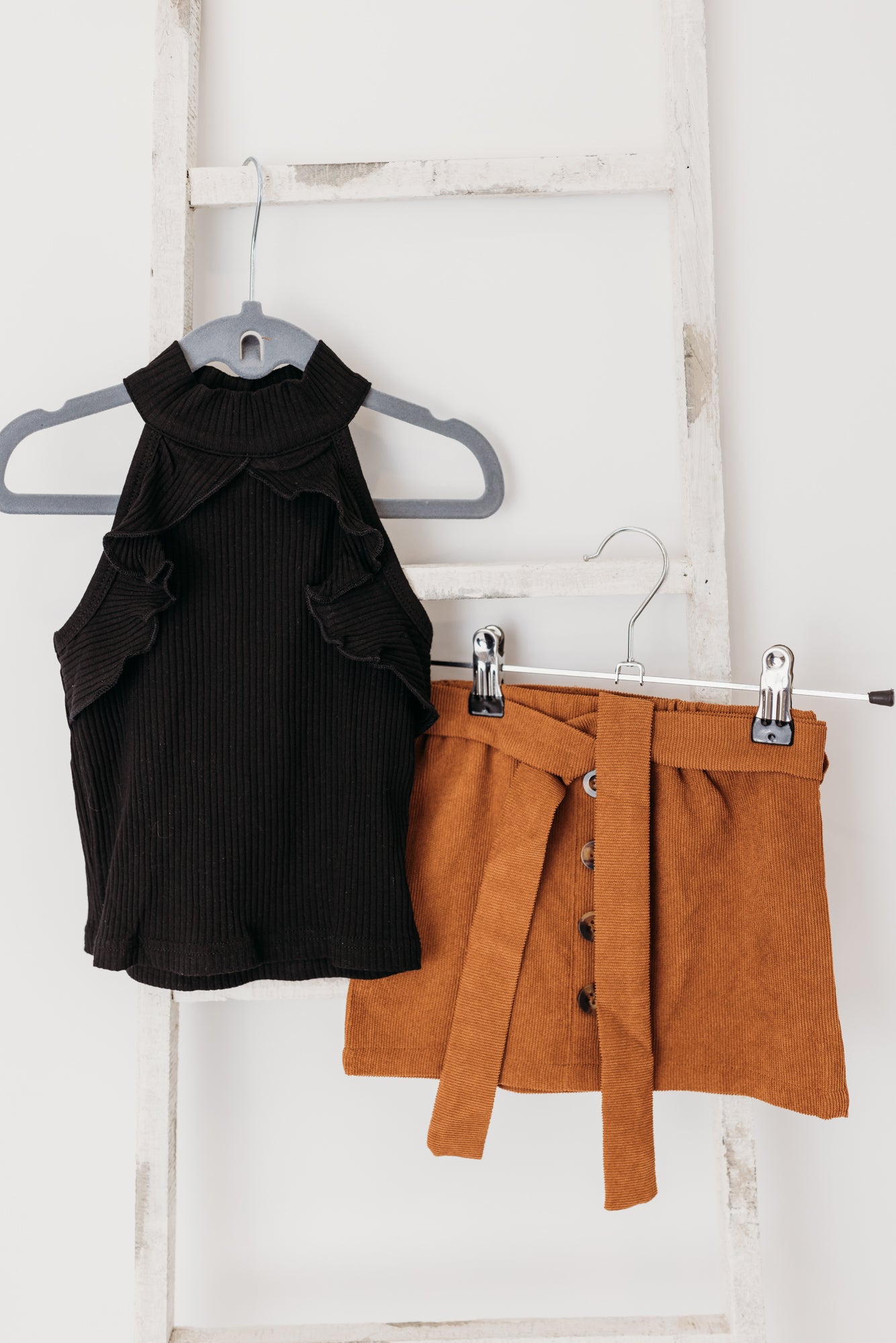 Halter Top with Button Belted Skirt Set | Black/Caramel