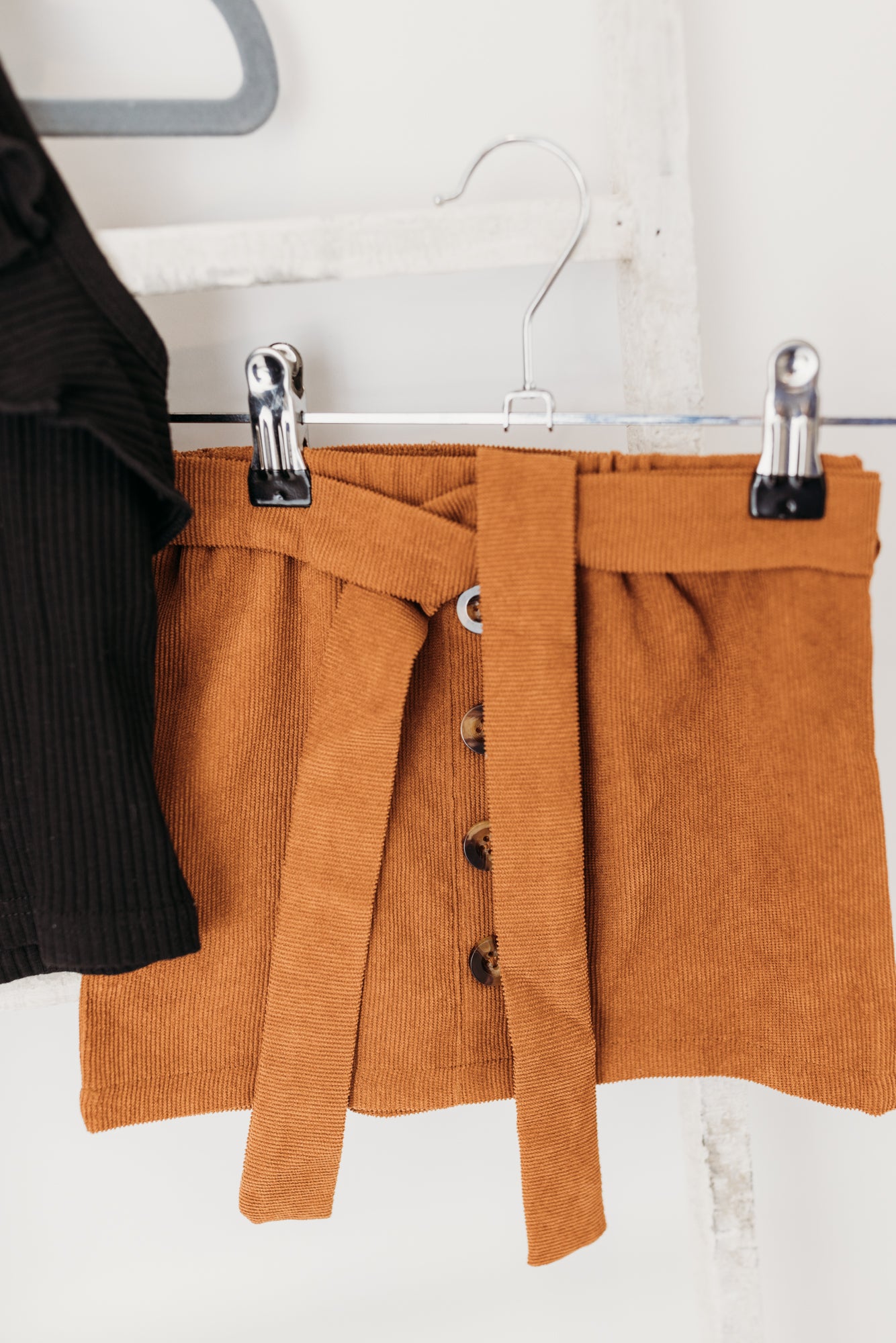 Halter Top with Button Belted Skirt Set | Black/Caramel