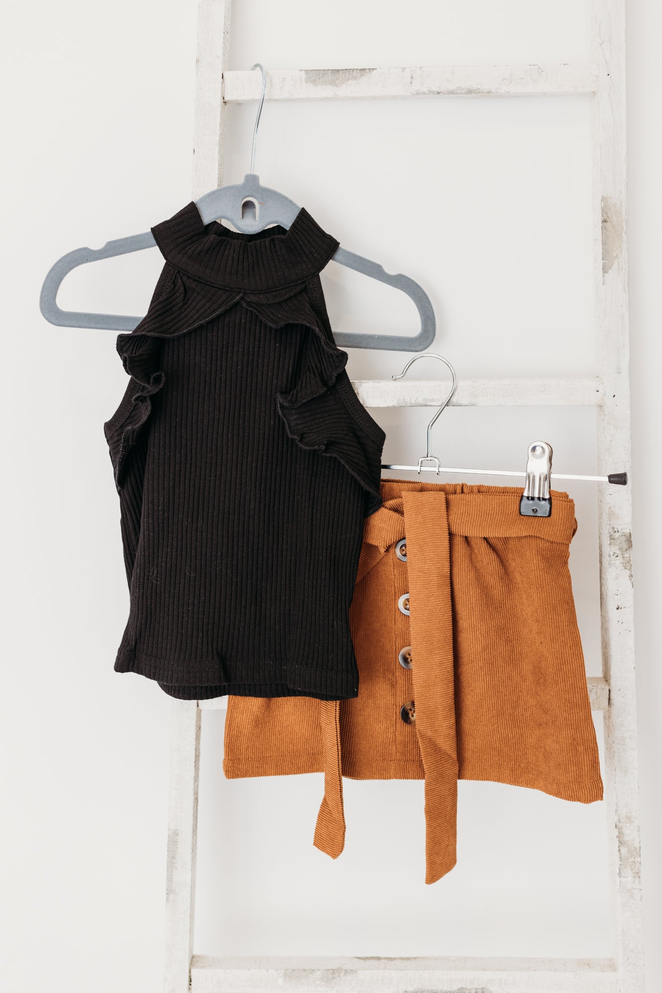 Halter Top with Button Belted Skirt Set | Black/Caramel