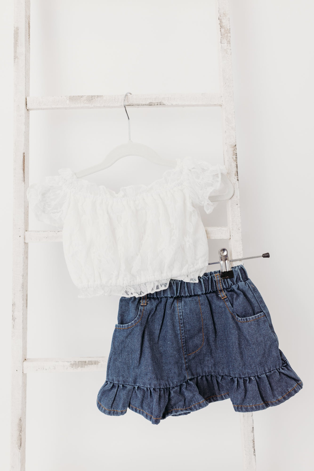 Denim Skirt & White Lace Off Shoulder Top 2-Piece Set