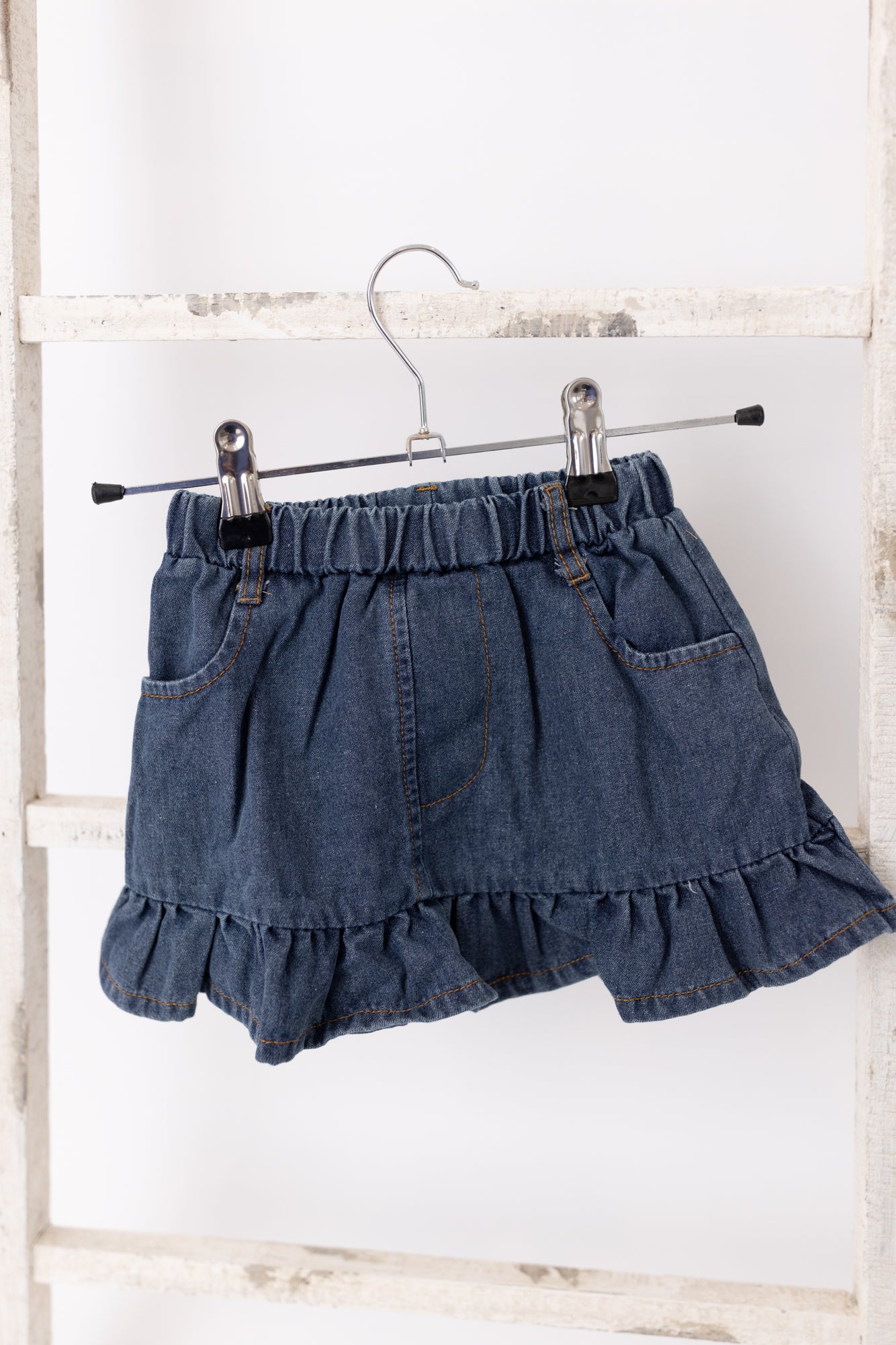 Denim Skirt & White Lace Off Shoulder Top 2-Piece Set