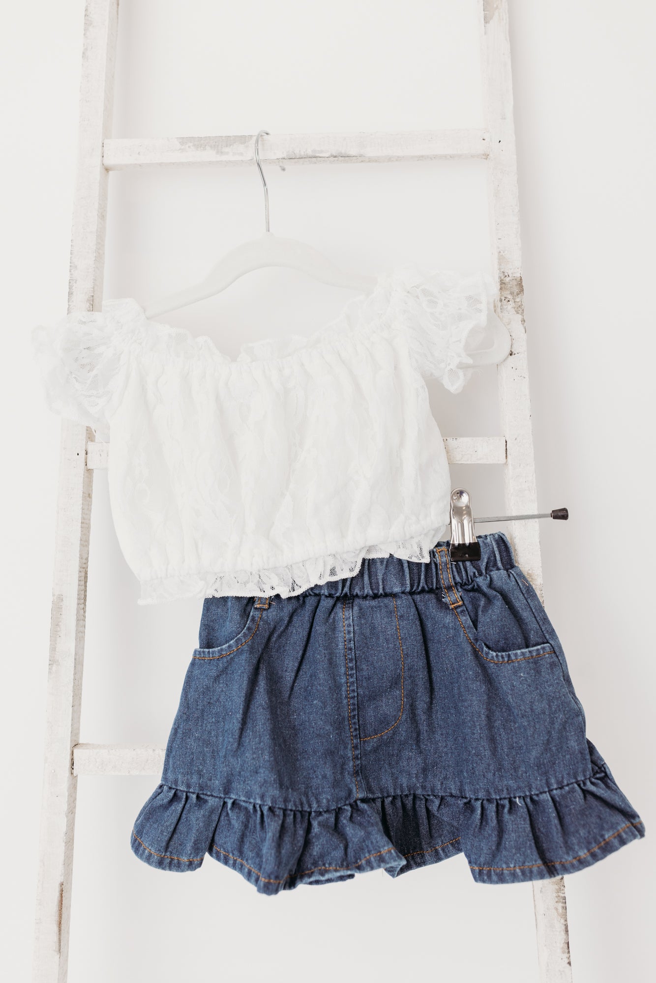 Denim Skirt & White Lace Off Shoulder Top 2-Piece Set