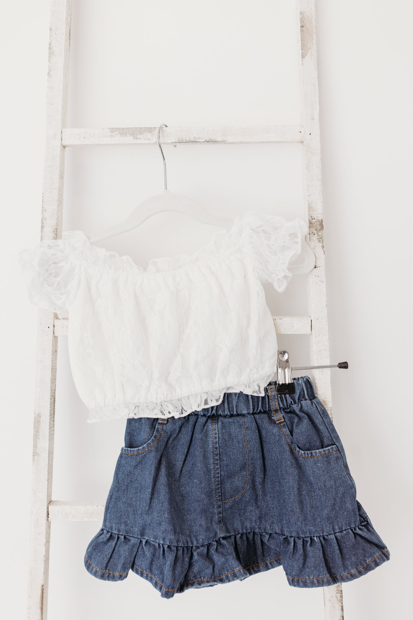 Denim Skirt & White Lace Off Shoulder Top 2-Piece Set