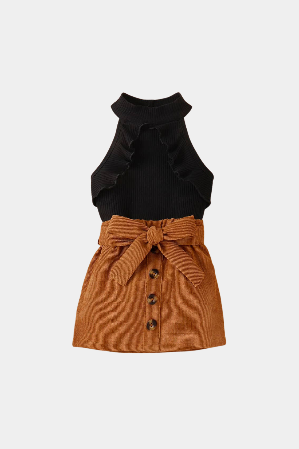 Halter Top with Button Belted Skirt Set | Black/Caramel