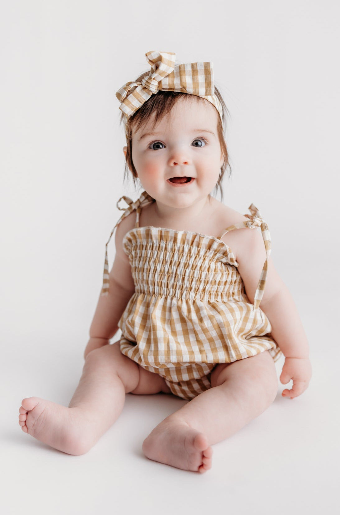 Tiny Honey Smocked Gingham Bubble Romper and Headband Set