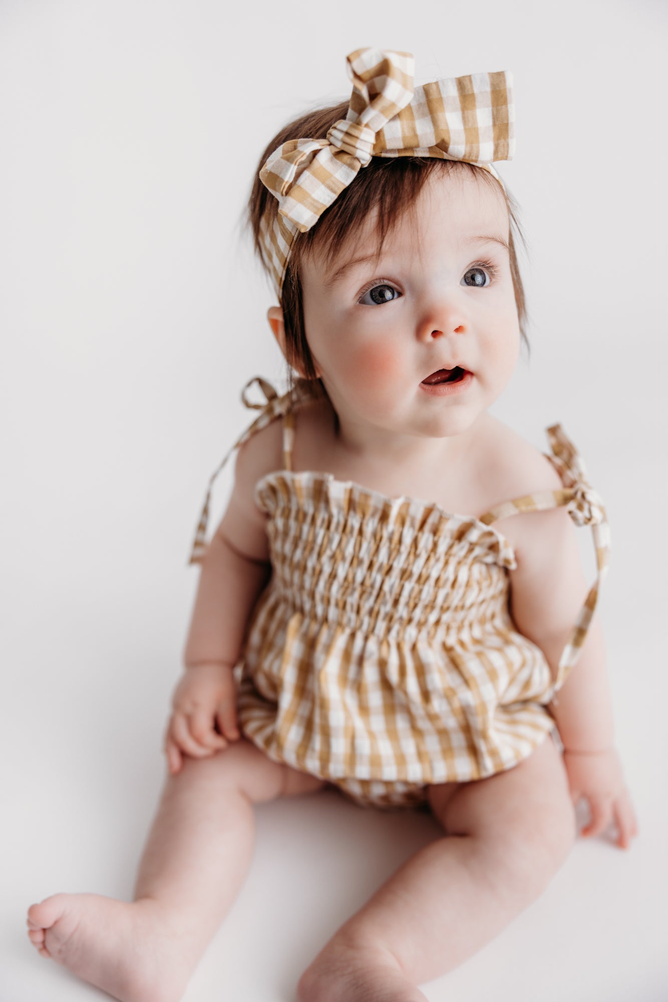 Tiny Honey Smocked Gingham Bubble Romper and Headband Set
