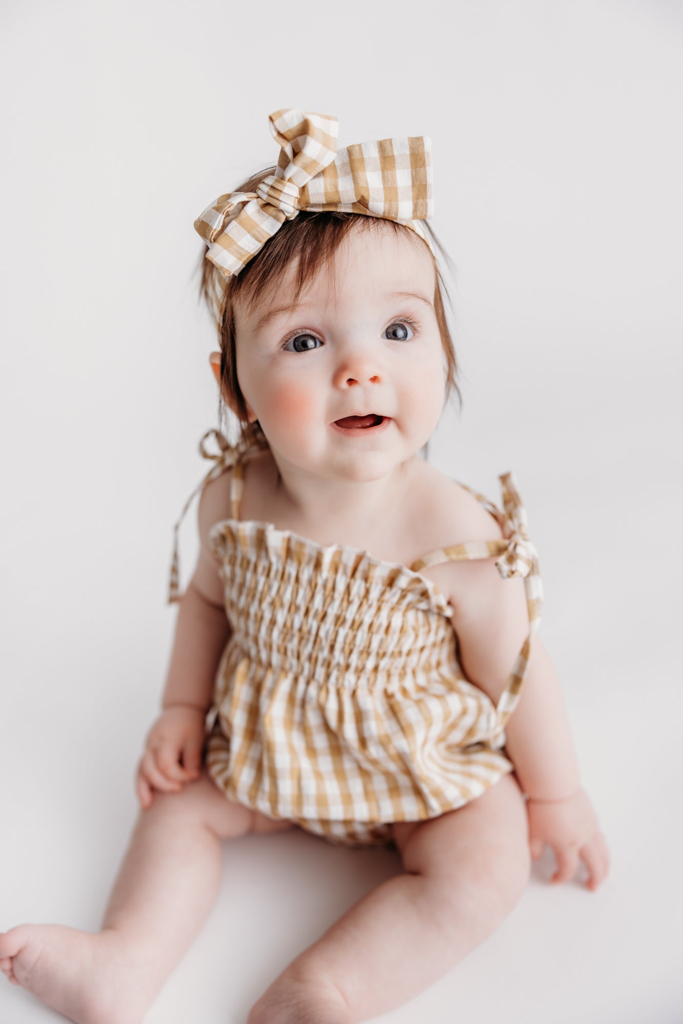 Tiny Honey Smocked Gingham Bubble Romper and Headband Set