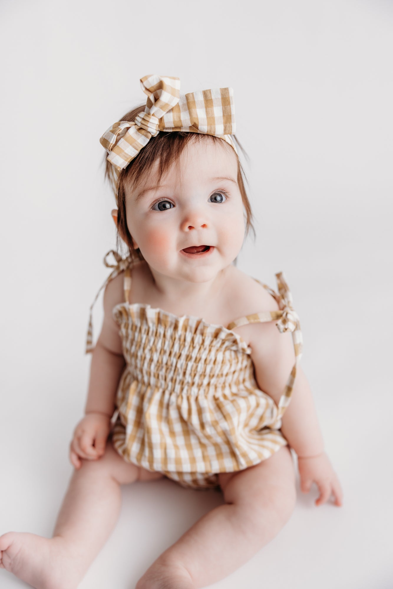 Tiny Honey Smocked Gingham Bubble Romper and Headband Set