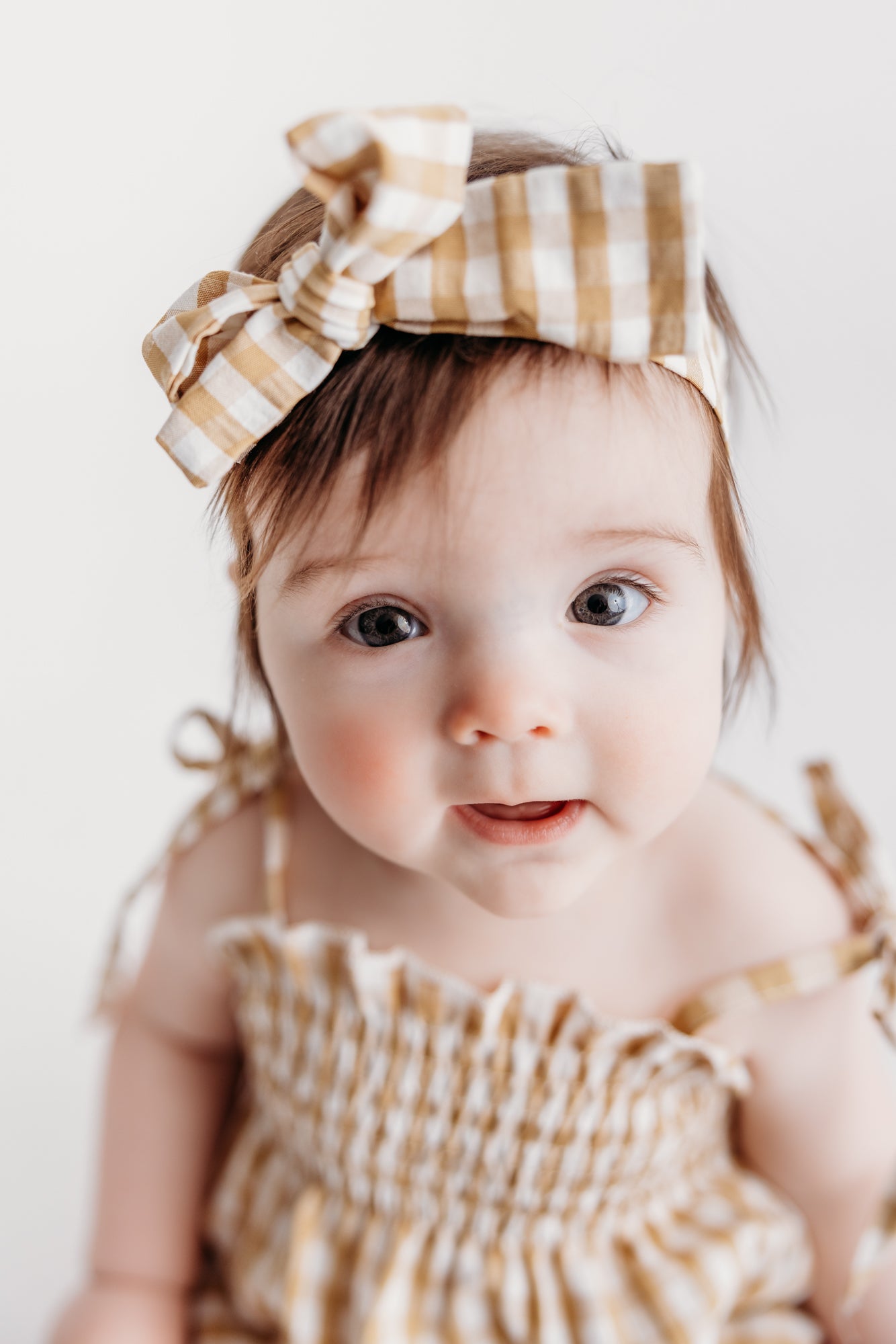 Tiny Honey Smocked Gingham Bubble Romper and Headband Set