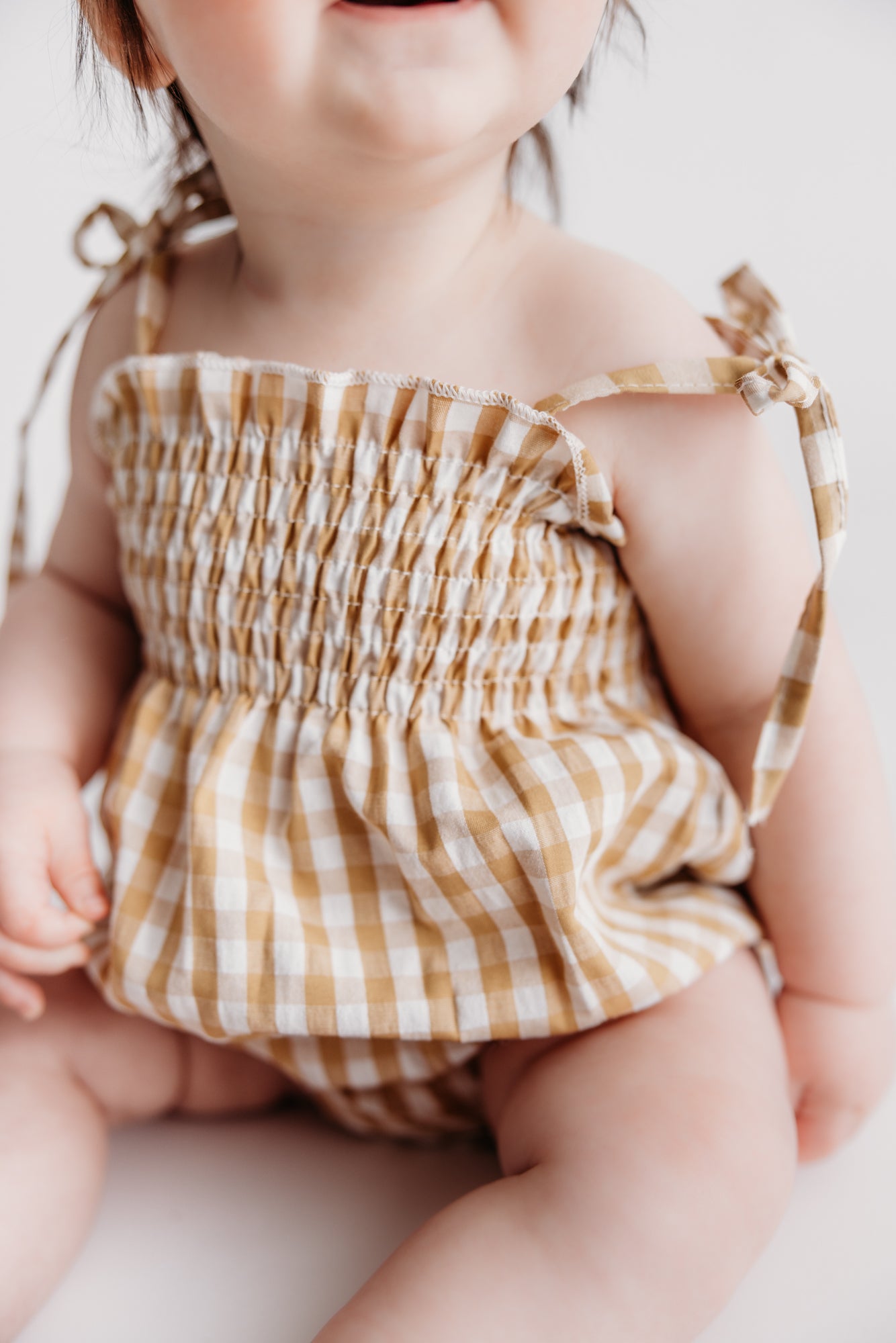 Tiny Honey Smocked Gingham Bubble Romper and Headband Set