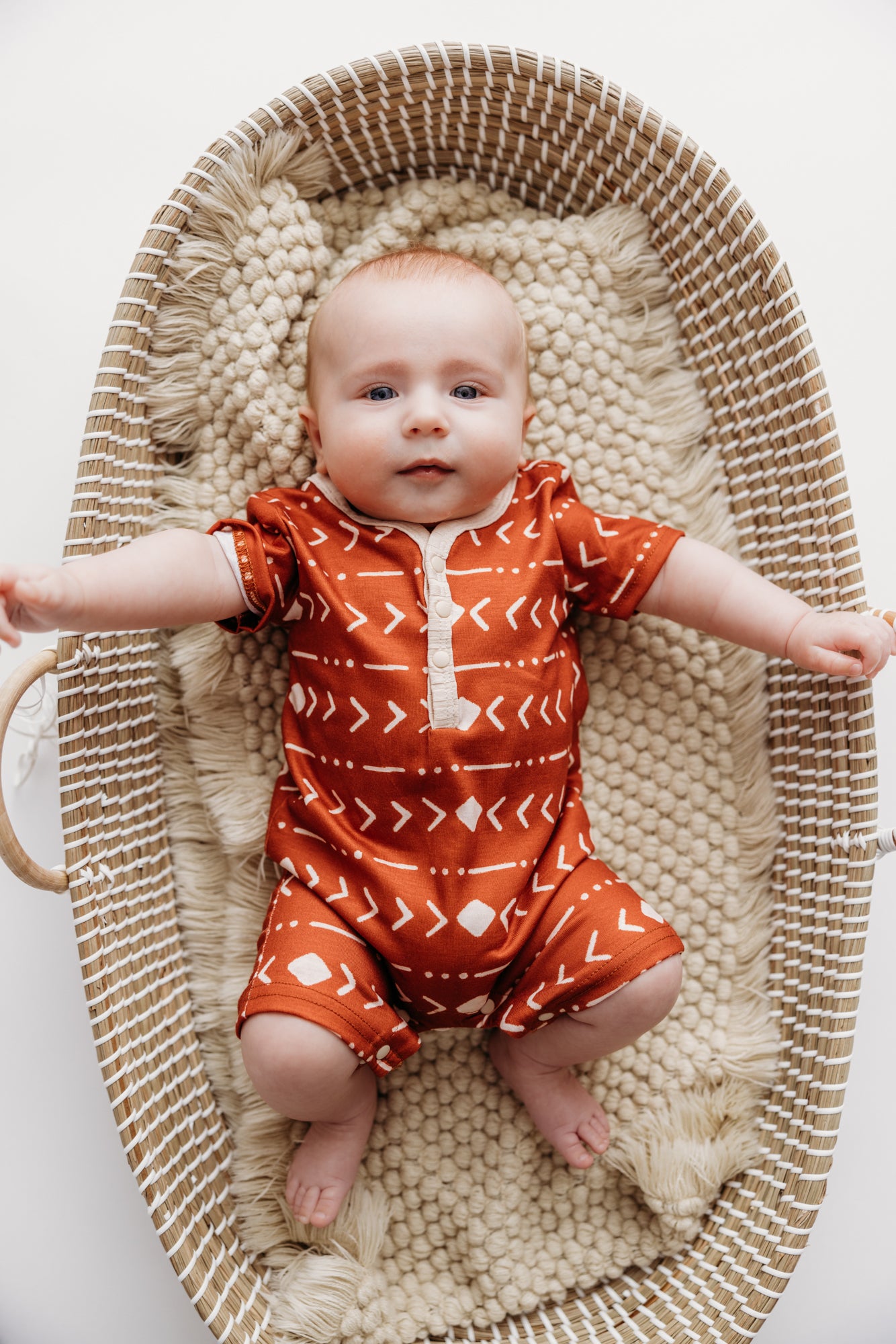 Patterened Short Sleeve Snap Romper Rust
