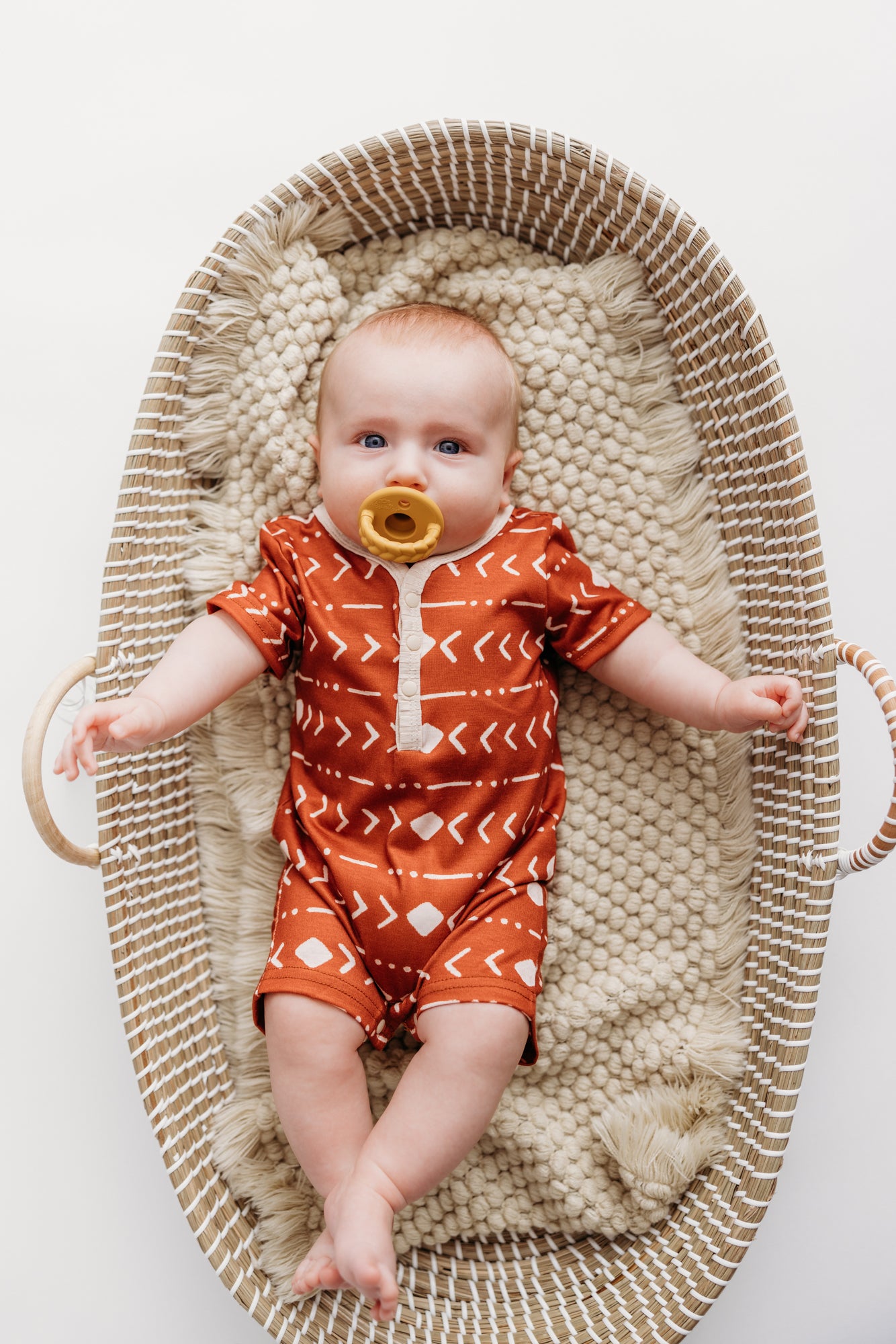 Patterened Short Sleeve Snap Romper Rust