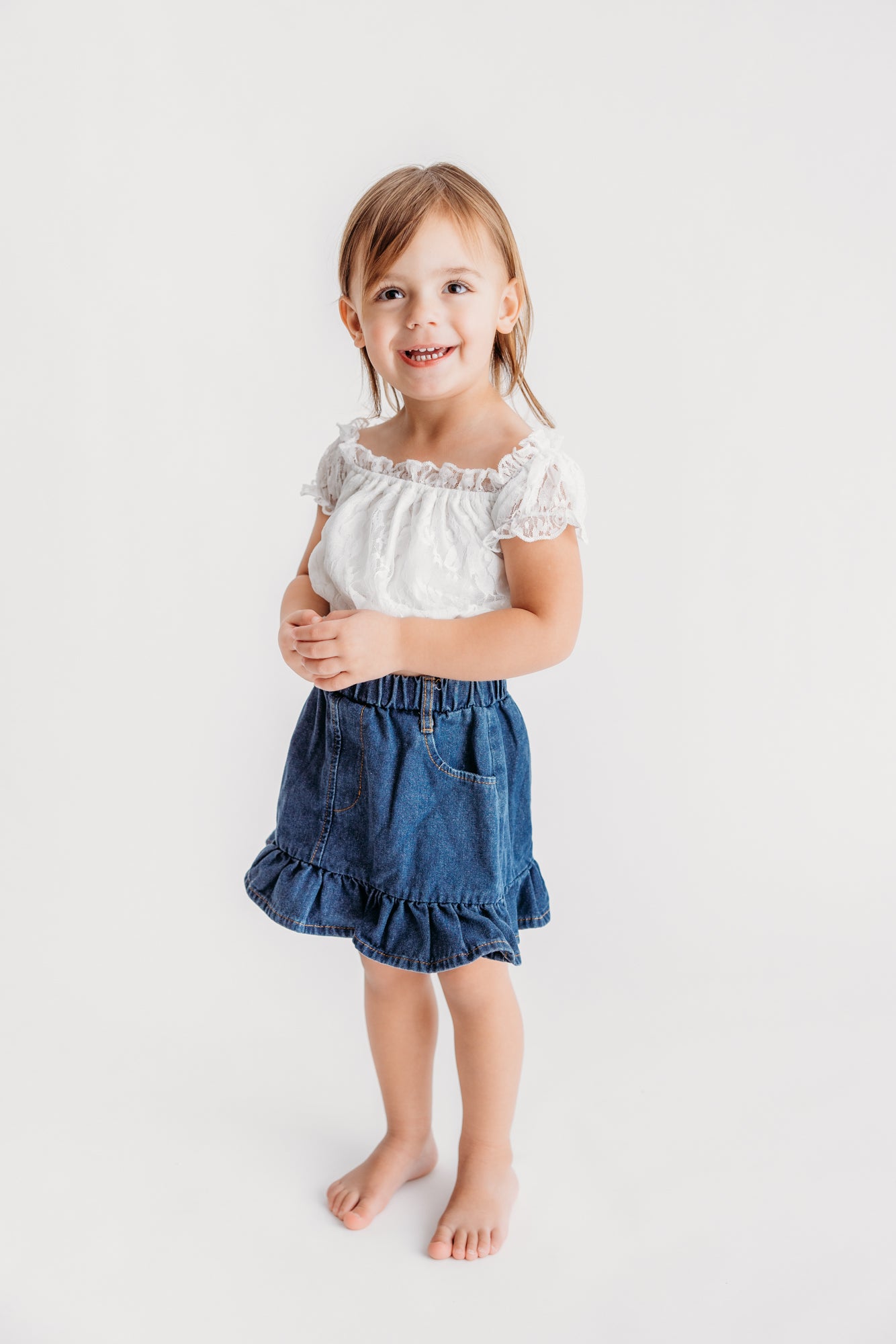 Denim Skirt & White Lace Off Shoulder Top 2-Piece Set