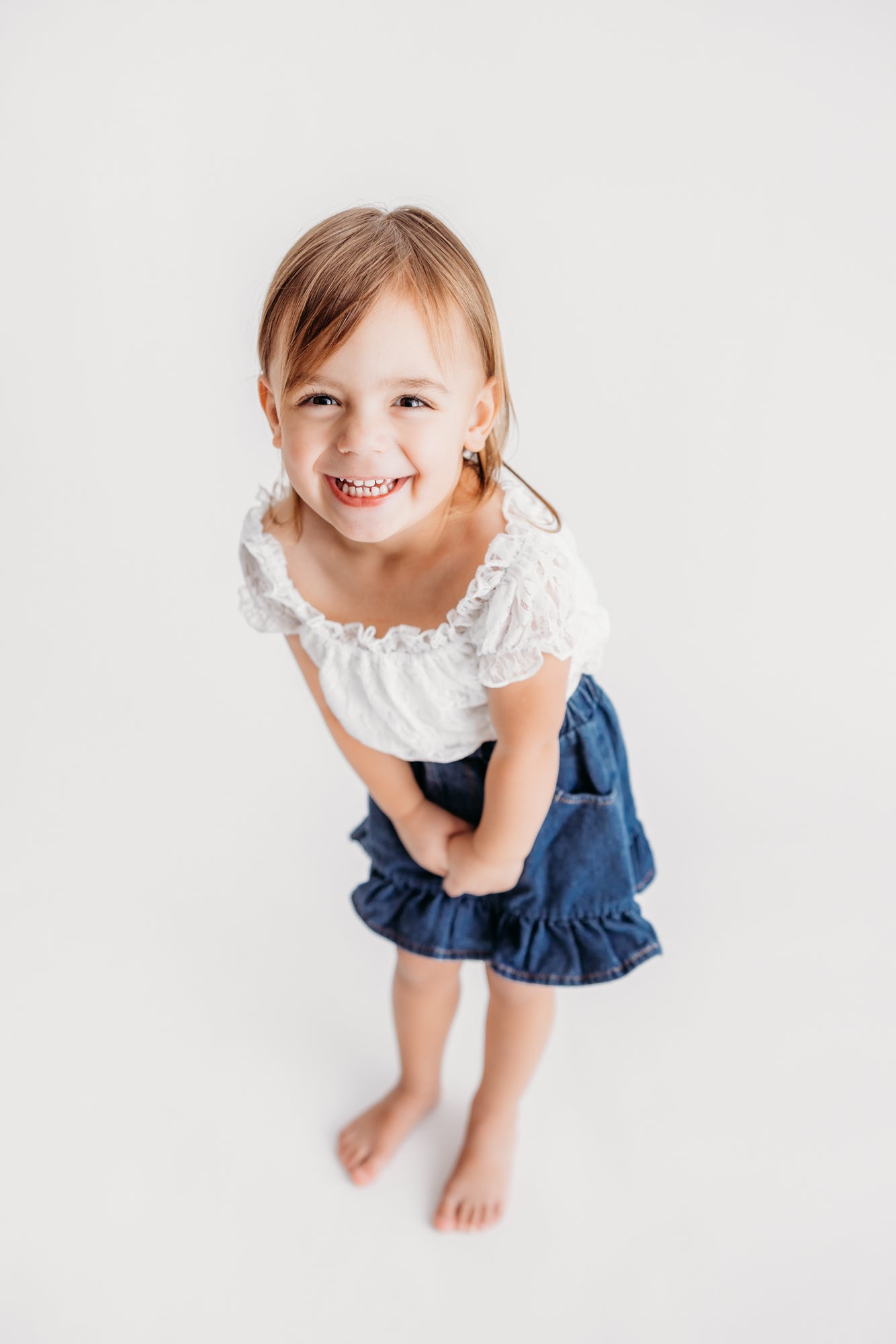 Denim Skirt & White Lace Off Shoulder Top 2-Piece Set