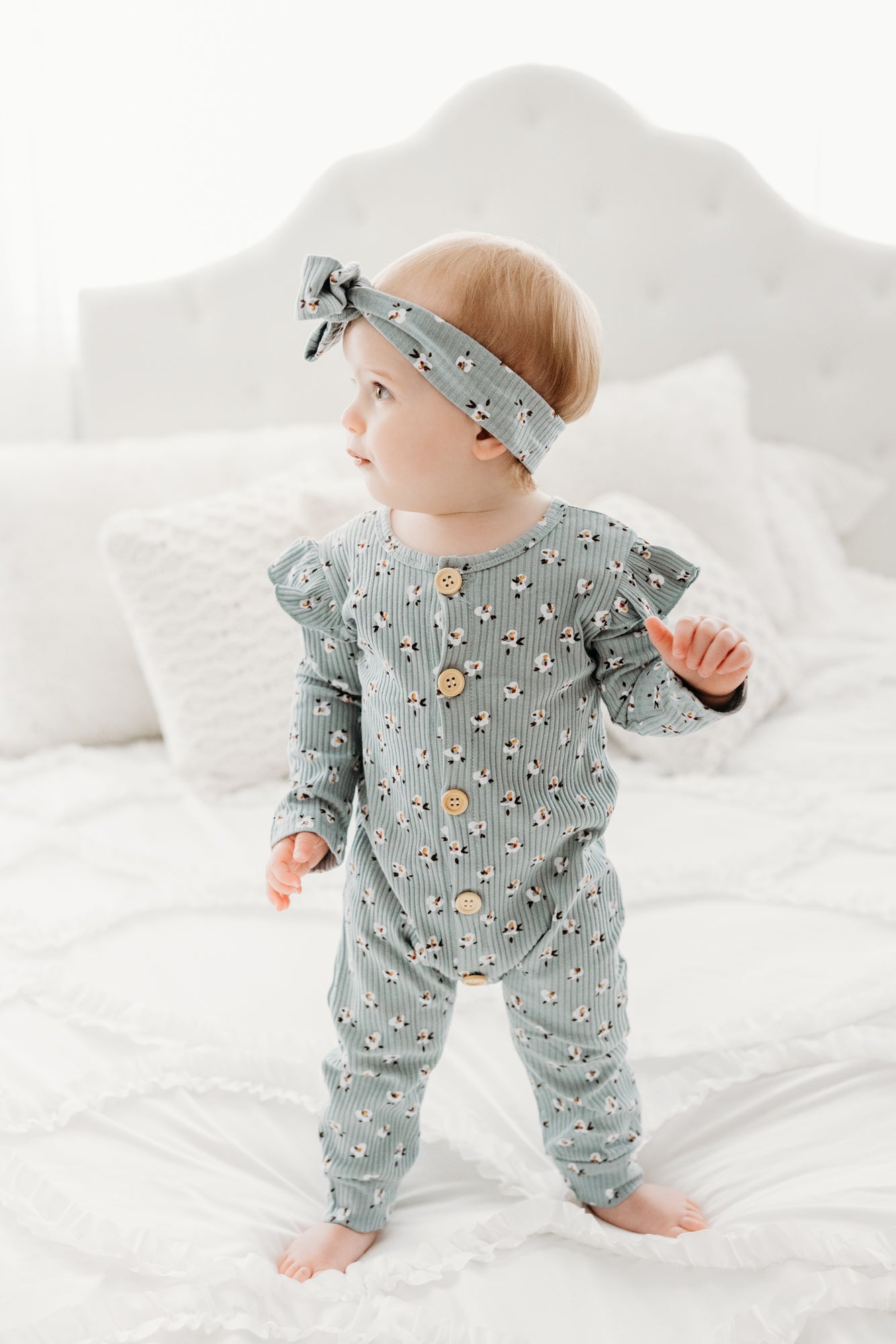 Tiny Olivine Floral Long Sleeve Romper and Headband Set