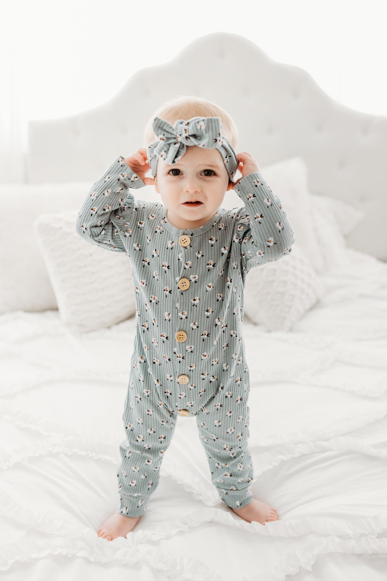 Tiny Olivine Floral Long Sleeve Romper and Headband Set