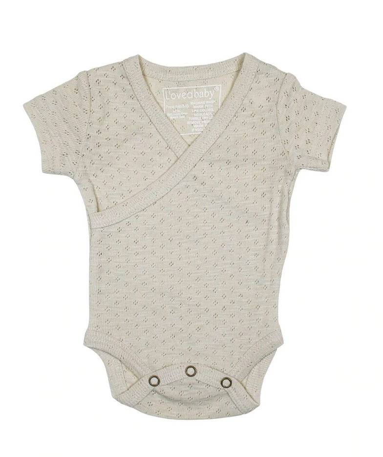 Pointelle Short Sleeve Wrap Bodysuit in Stone