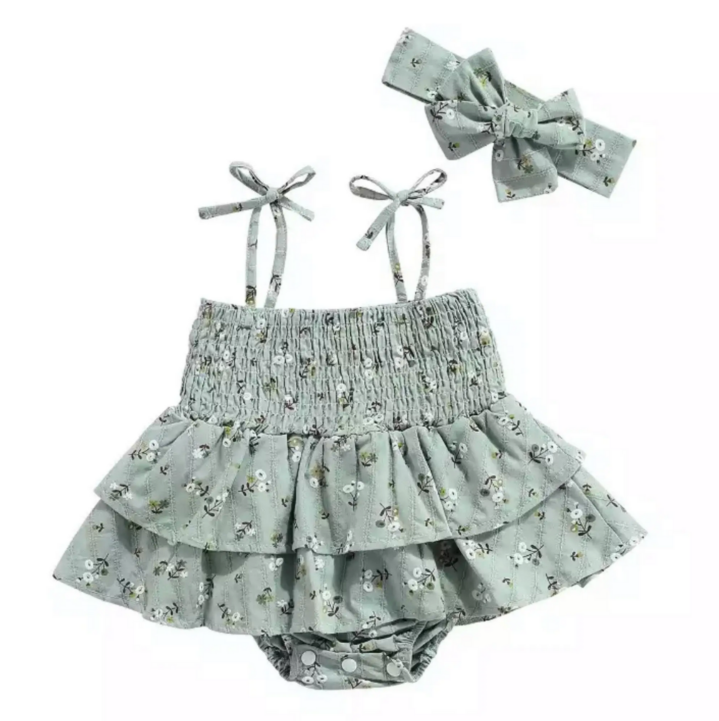 Tiny Olivine Floral Smocked Skirted Romper Set