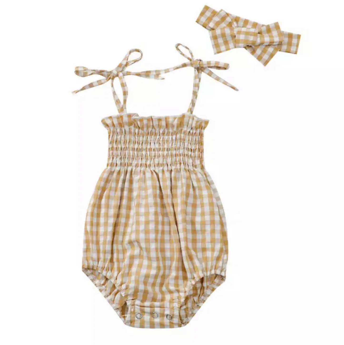Tiny Honey Smocked Gingham Bubble Romper and Headband Set