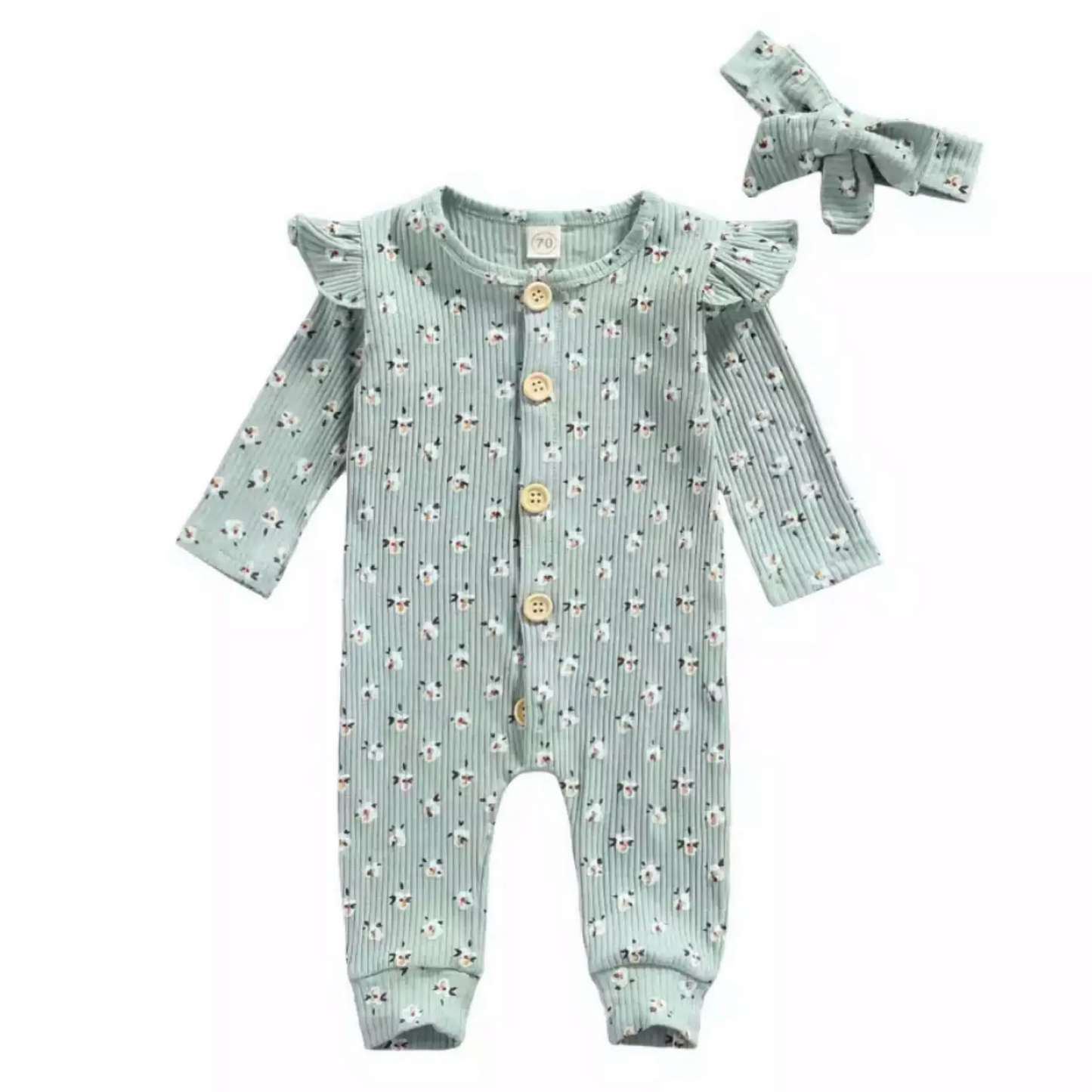 Tiny Olivine Floral Long Sleeve Romper and Headband Set