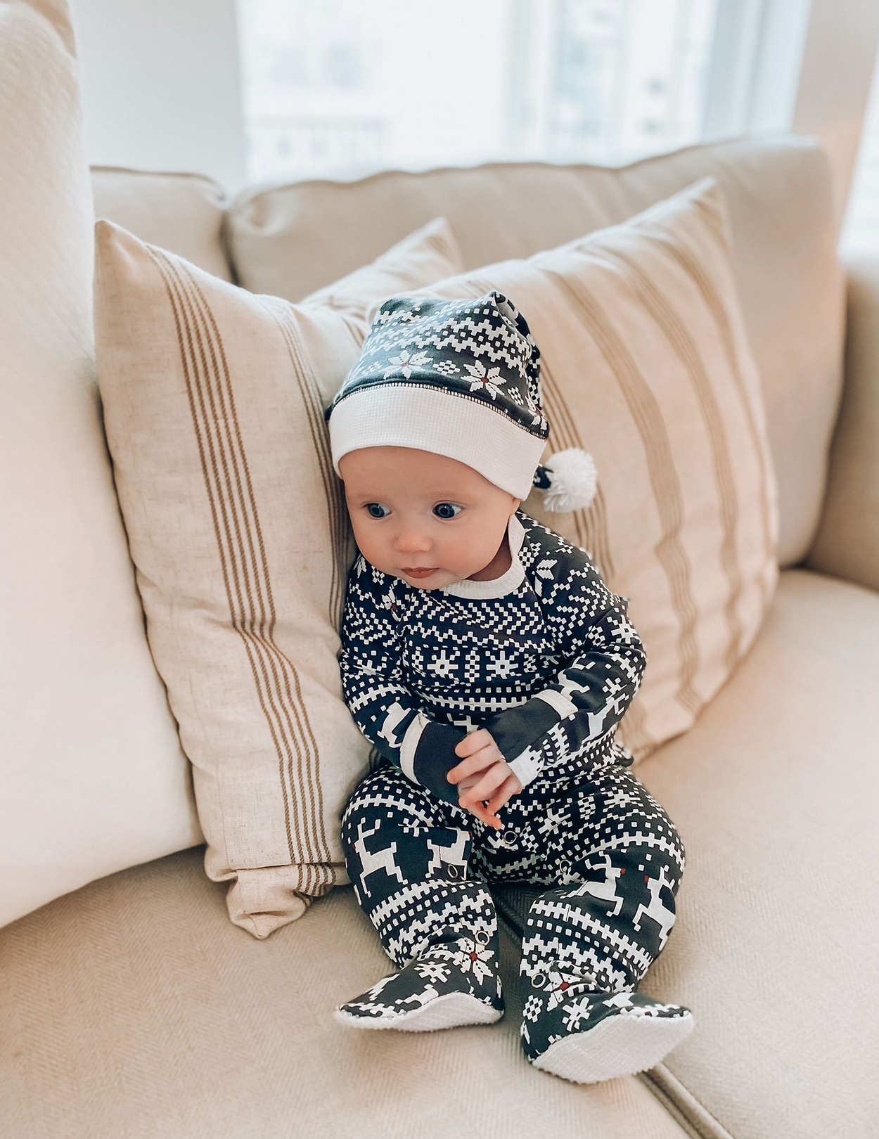 Organic Holiday Footie & Cap Set in Rudolph
