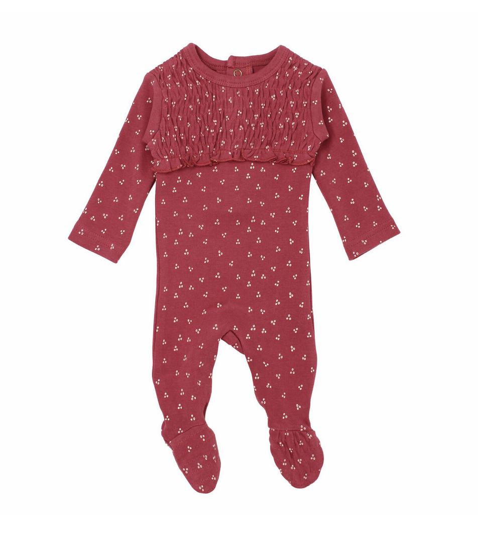 Organic Smocked Baby Footie in Appleberry Dots