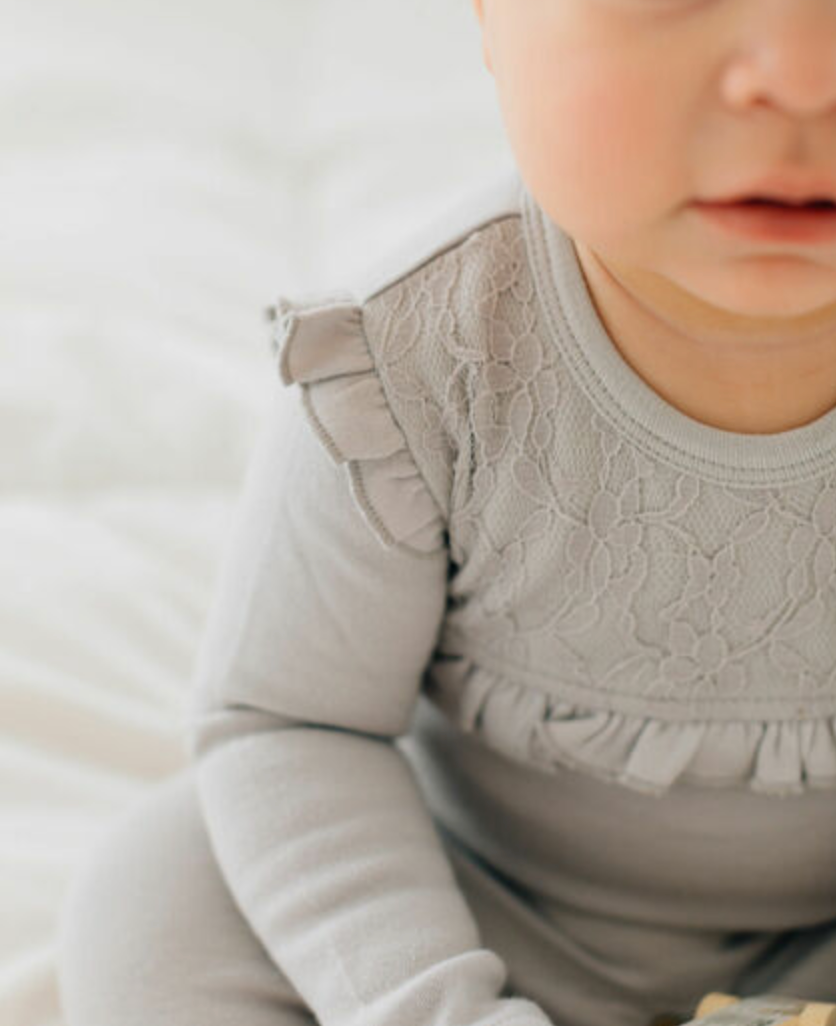 Organic Lace Baby Footie in Fog