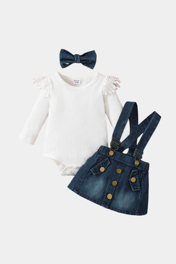 Suspender Skirt & Ruffle Long Sleeve Top with Bow | Denim/White
